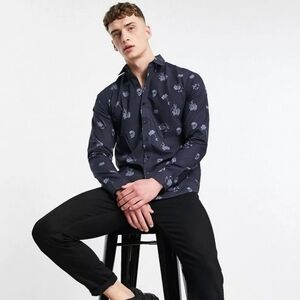 NWT Bolongaro Trevor Slim Fit Skulls & Flowers Long Sleeve Button Shirt - Sz S